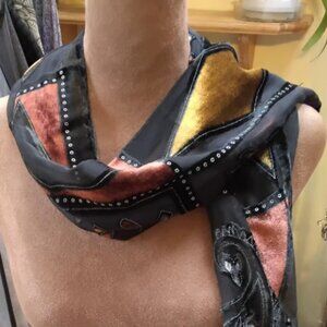 Silk Black Patterned Devore Scarf with Brunt Orange and Golden Diamonds